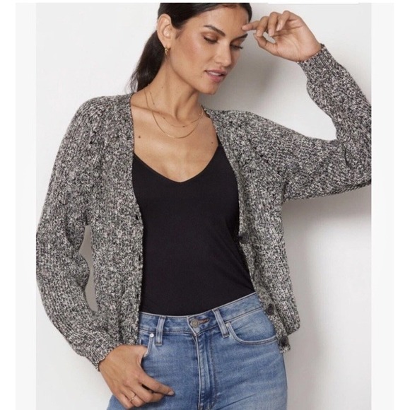 Evereve Women M BlackWhite Marled Chunky Knit Button Front Cardigan Sweater Cozy - Picture 3 of 13